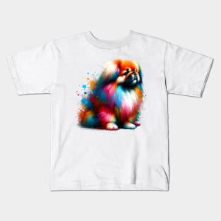 Pekingese Dog in Vivid Splashed Paint Style Kids T-Shirt